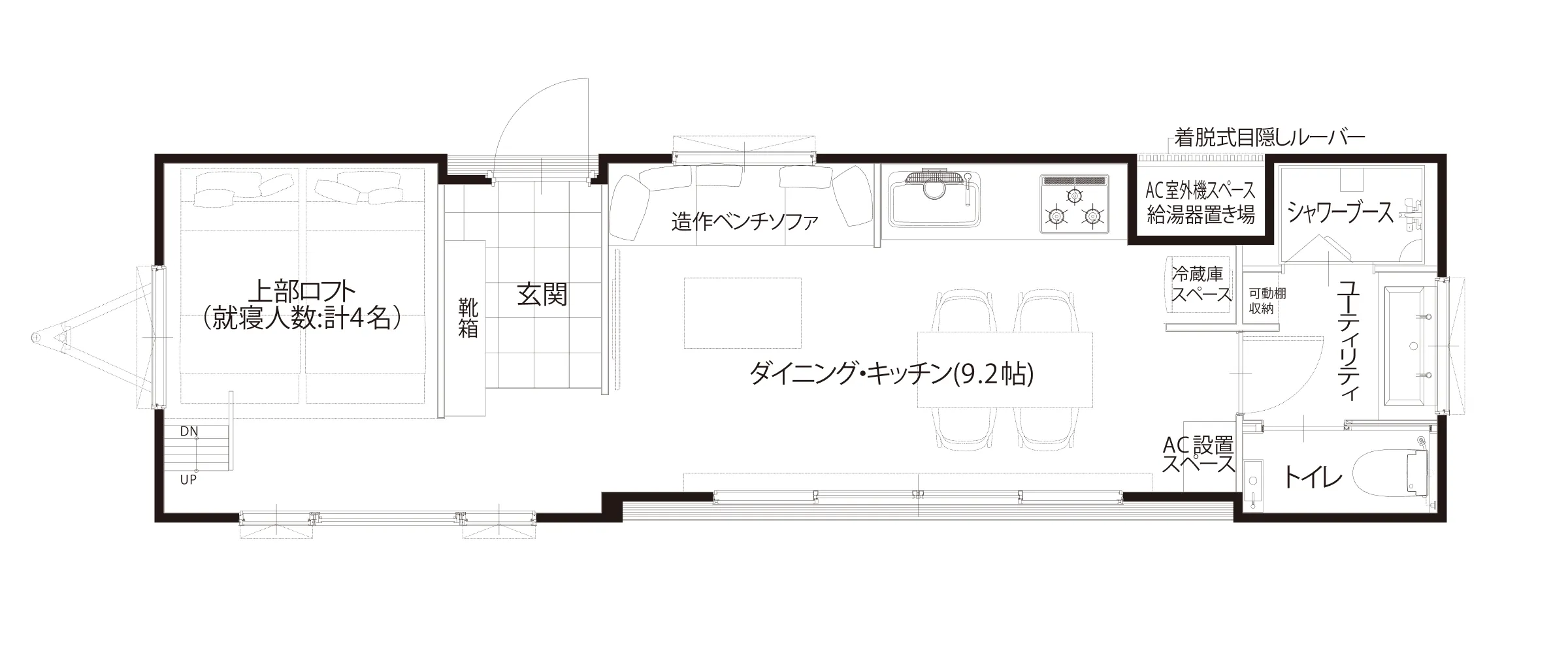 画像：フルサイズ型トレーラーハウスの間取り図